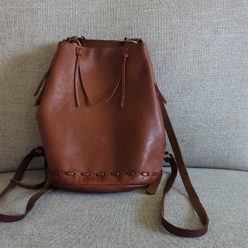 Vintage Madewell Cognac Leather Drawstring Crossbody/Backpack Bucket Bag - Picture 2 of 10